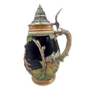 Vintage German Beer Stein With Pewter Lid Hand-Painted Relief Design 1210 Mark